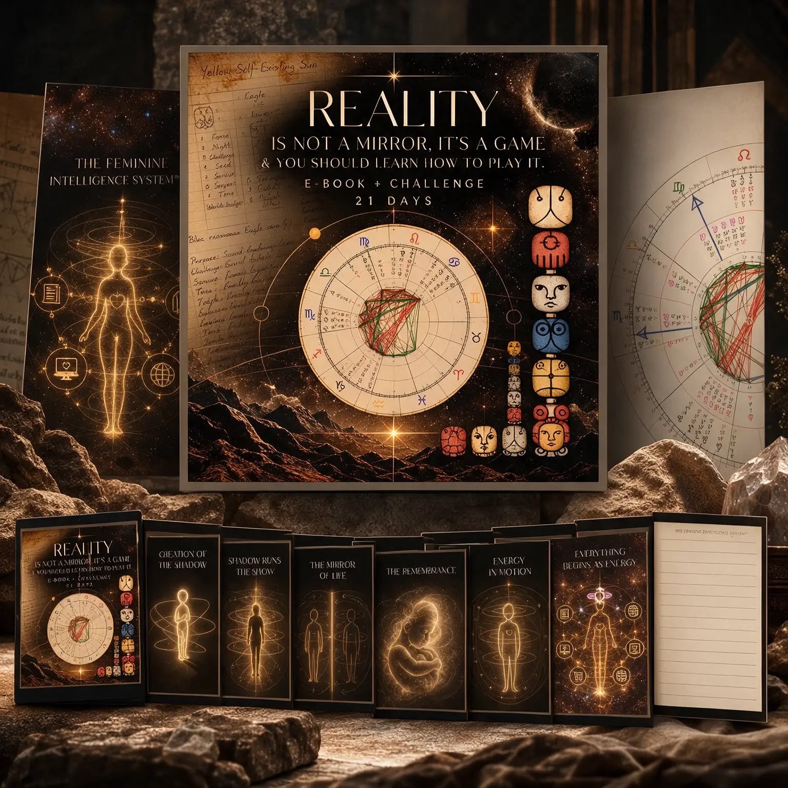 Reality is not a mirror, it's a game & you should learn how to play it — e-book + challenge, 21 days. A square promotional graphic set on dark craggy rock: a central cover poster carrying the title, a birth-chart wheel, Mayan glyph masks and a lit mountain horizon, flanked by a tall card reading "The Feminine Intelligence System" on the left and a large angled astrological wheel on cream paper on the right, with eight booklet covers standing in a row below.