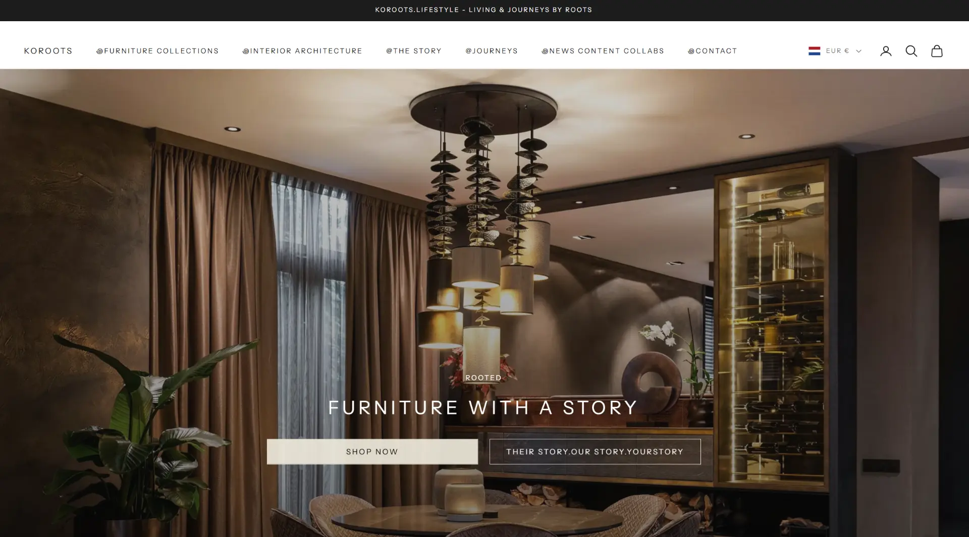 Website of the KOROOTS lifestyle store: a furniture collection with a glowing chandelier