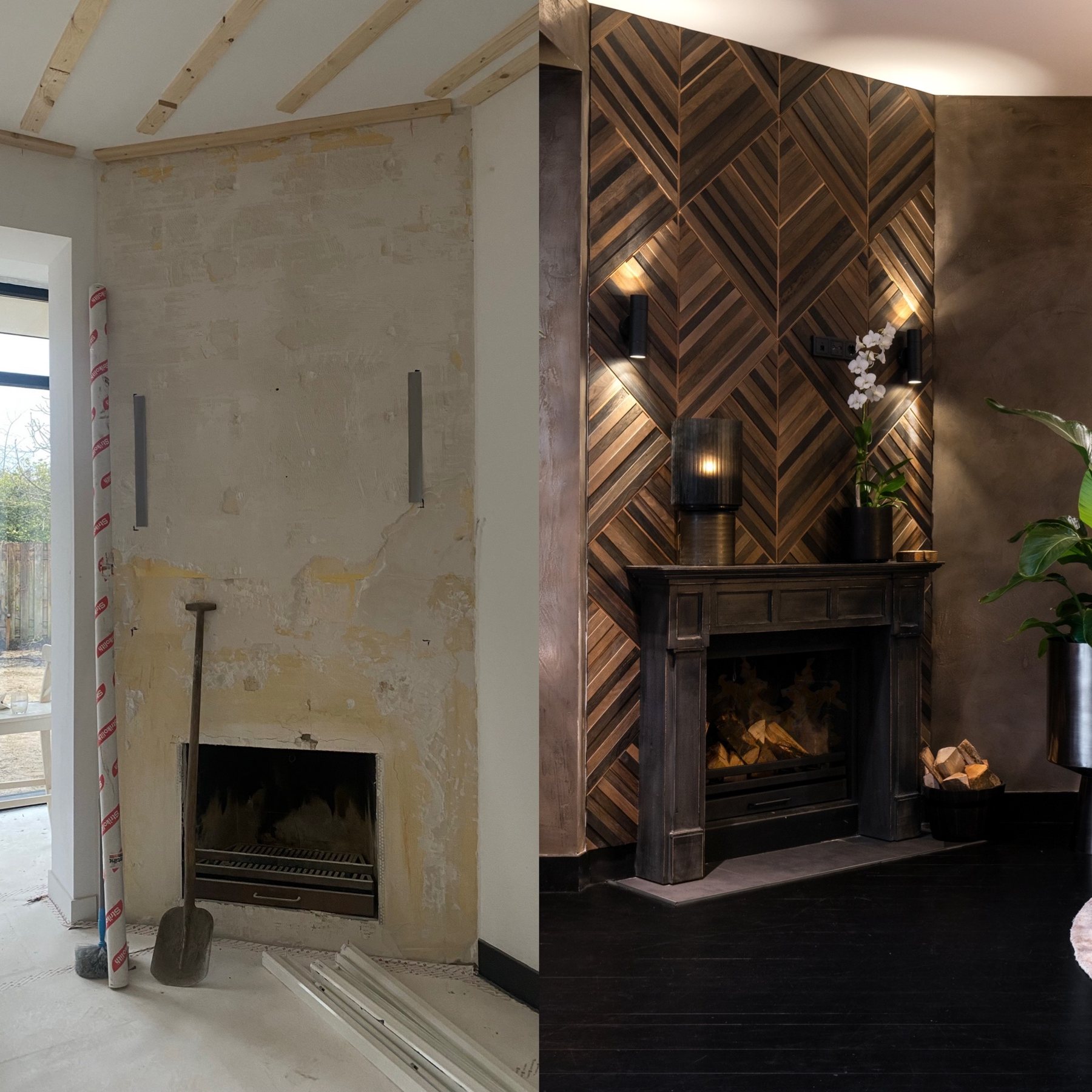 Before and after of a fireplace wall renovation designed by Marije Andrea