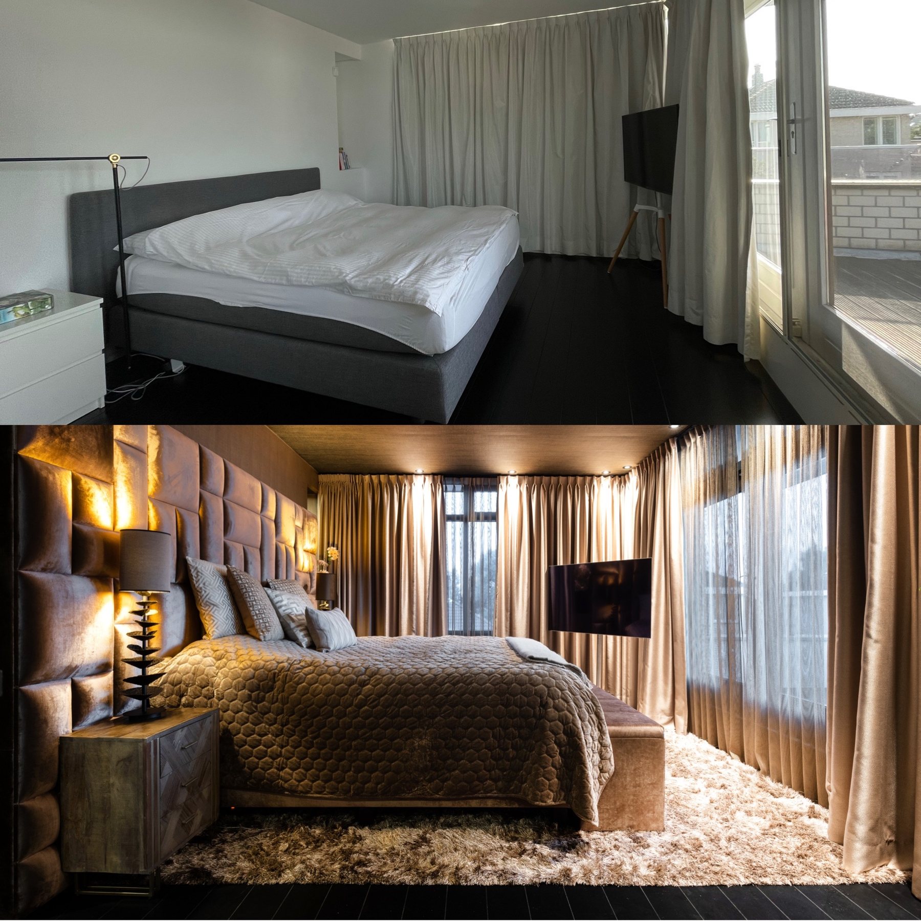 Before and after of a bedroom transformation designed by Marije Andrea